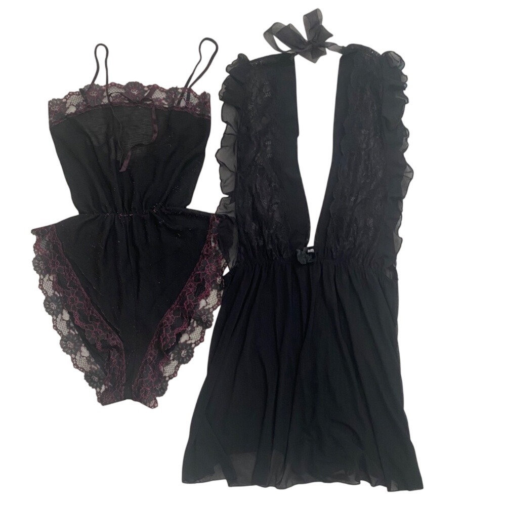 VTG SEXY Ruffle Sheer/Lace‎ Lingerie in Black Set of 2